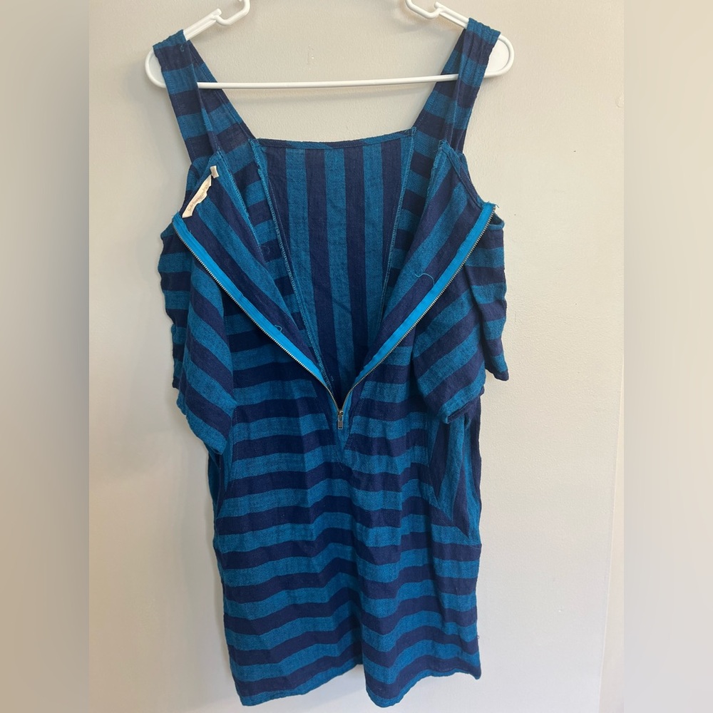 Soft Surroundings Linen Blend Blue Stripe Tunic Top Cold Shoulder Sz M Boho Chic - Picture 6 of 12